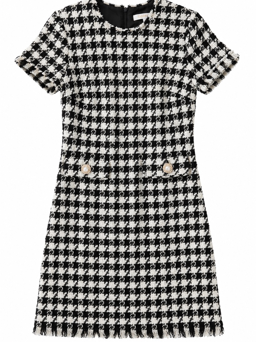 Bebop Black White Boucle Tweed Sheath Dress Pearl Buttons Fringe Hem Sz S